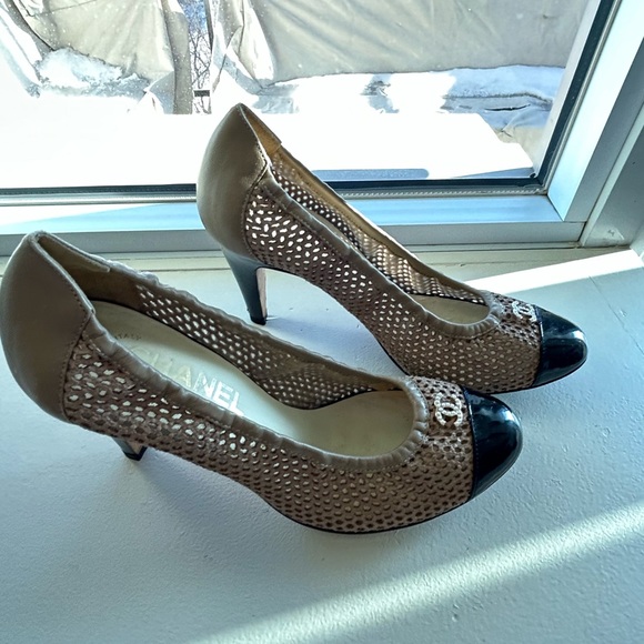 CHANEL Shoes - CHANEL Brown Mesh Pumps with Black Patent Cap Toe